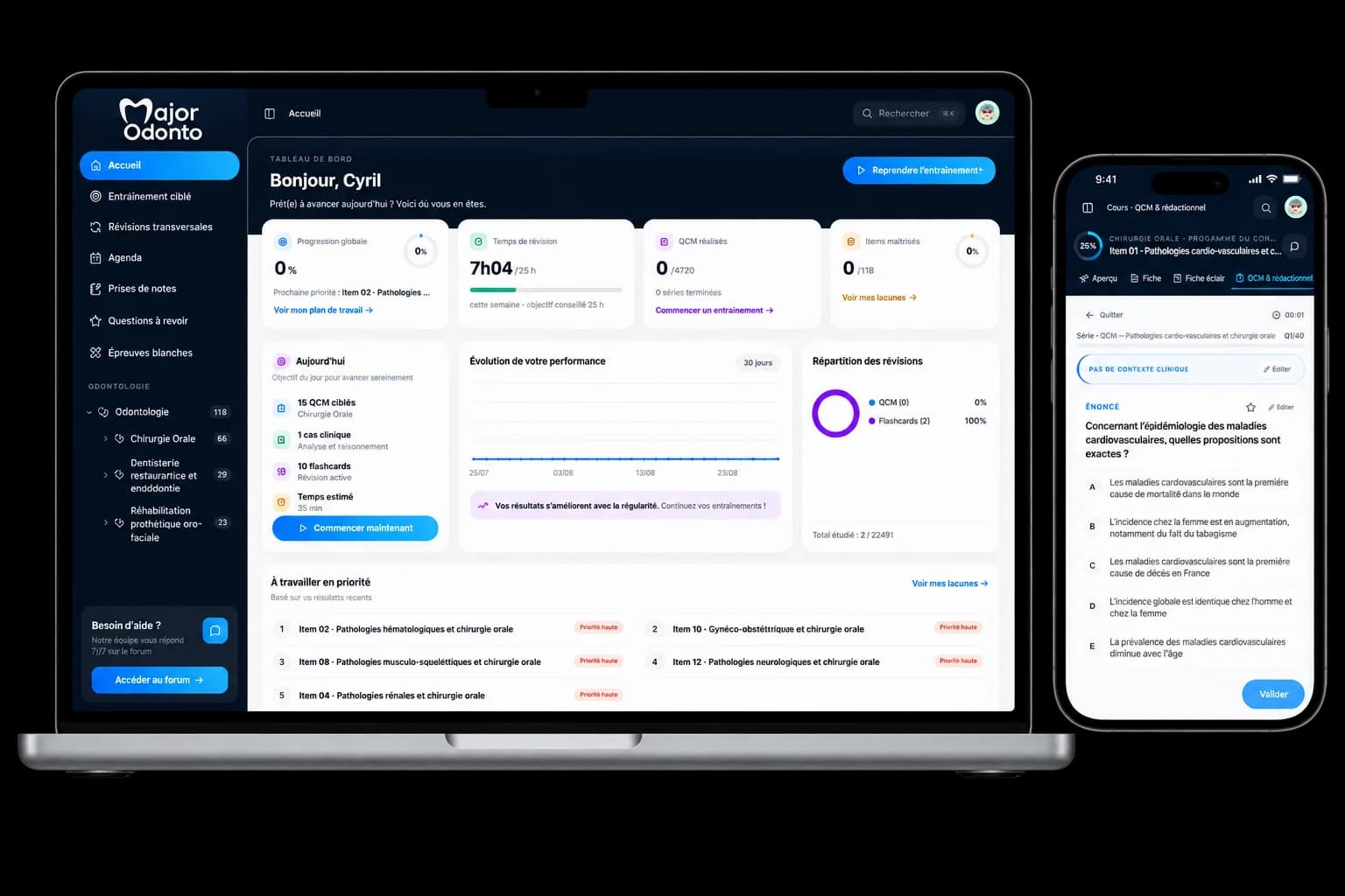 La plateforme Major Odonto sur ordinateur et sur téléphone : tableau de bord avec la progression globale, le temps de révision et les priorités du jour, et une série de QCM en cours sur mobile.