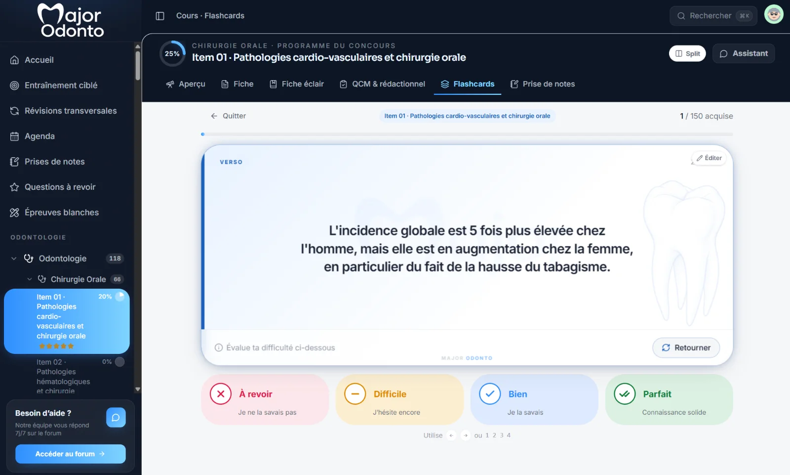 Une flashcard retournée et les quatre niveaux d'auto-évaluation.